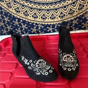 Olivia Miller Black Ankle Boots with White Embroidery